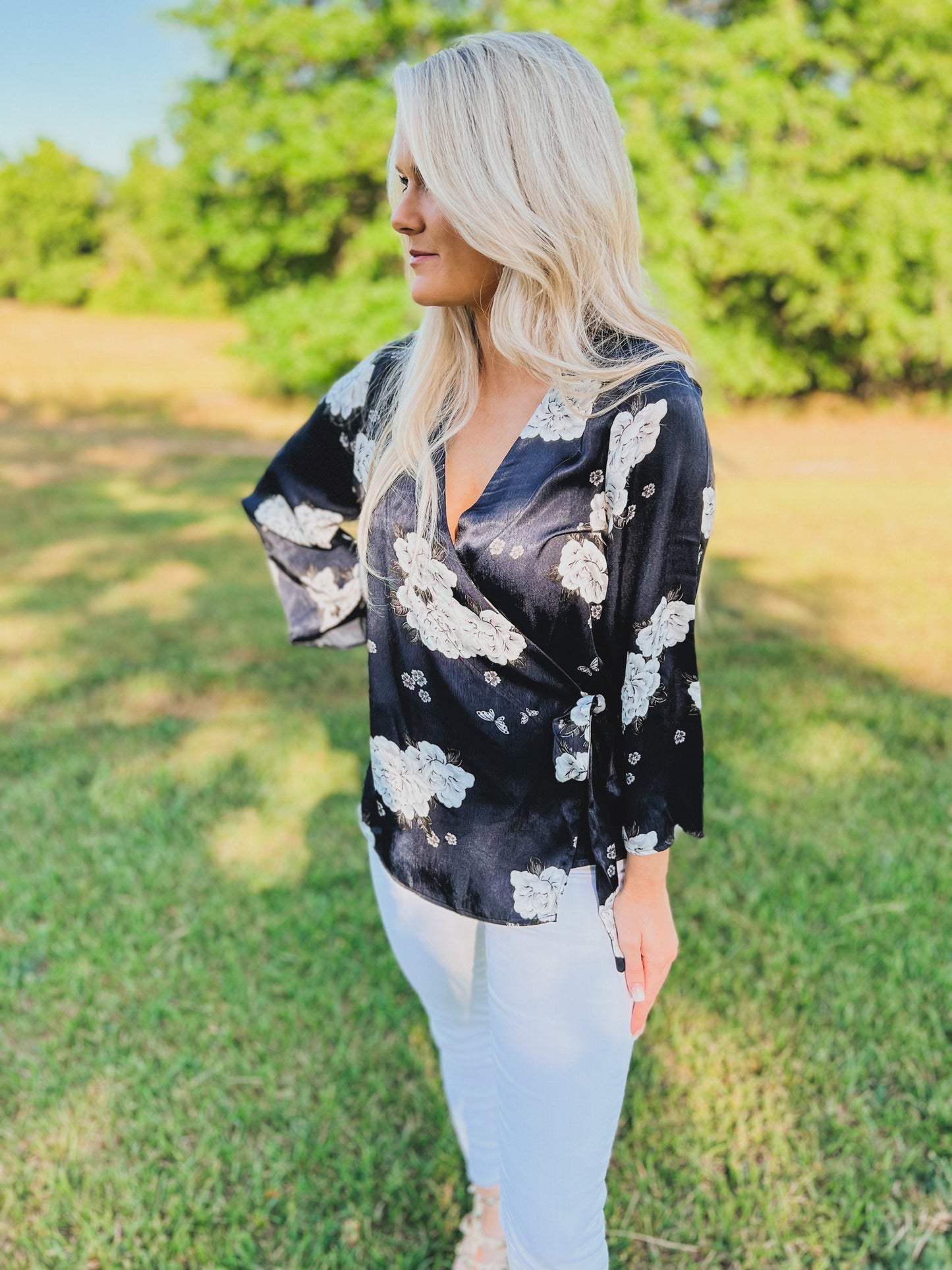 Floral Wrap Top in Navy