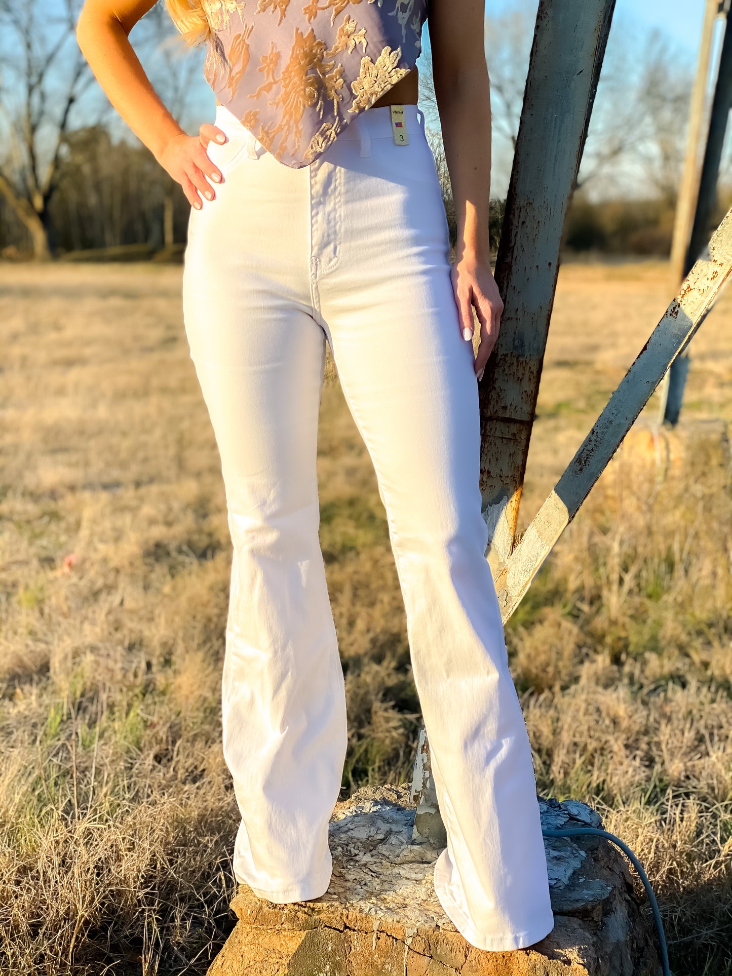 High Rise Denim Flares in White