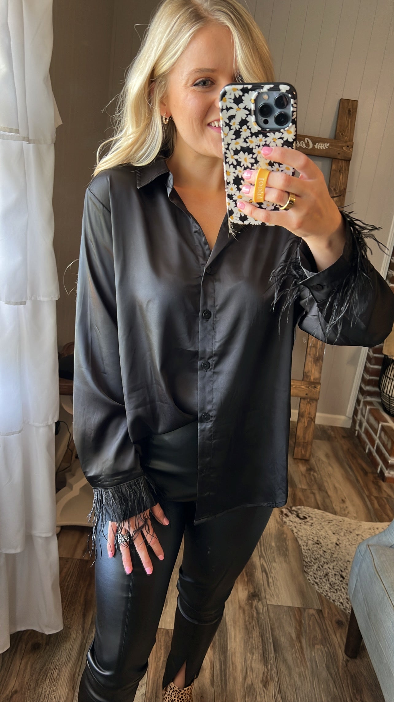 Feather Sleeve Button Up in Black