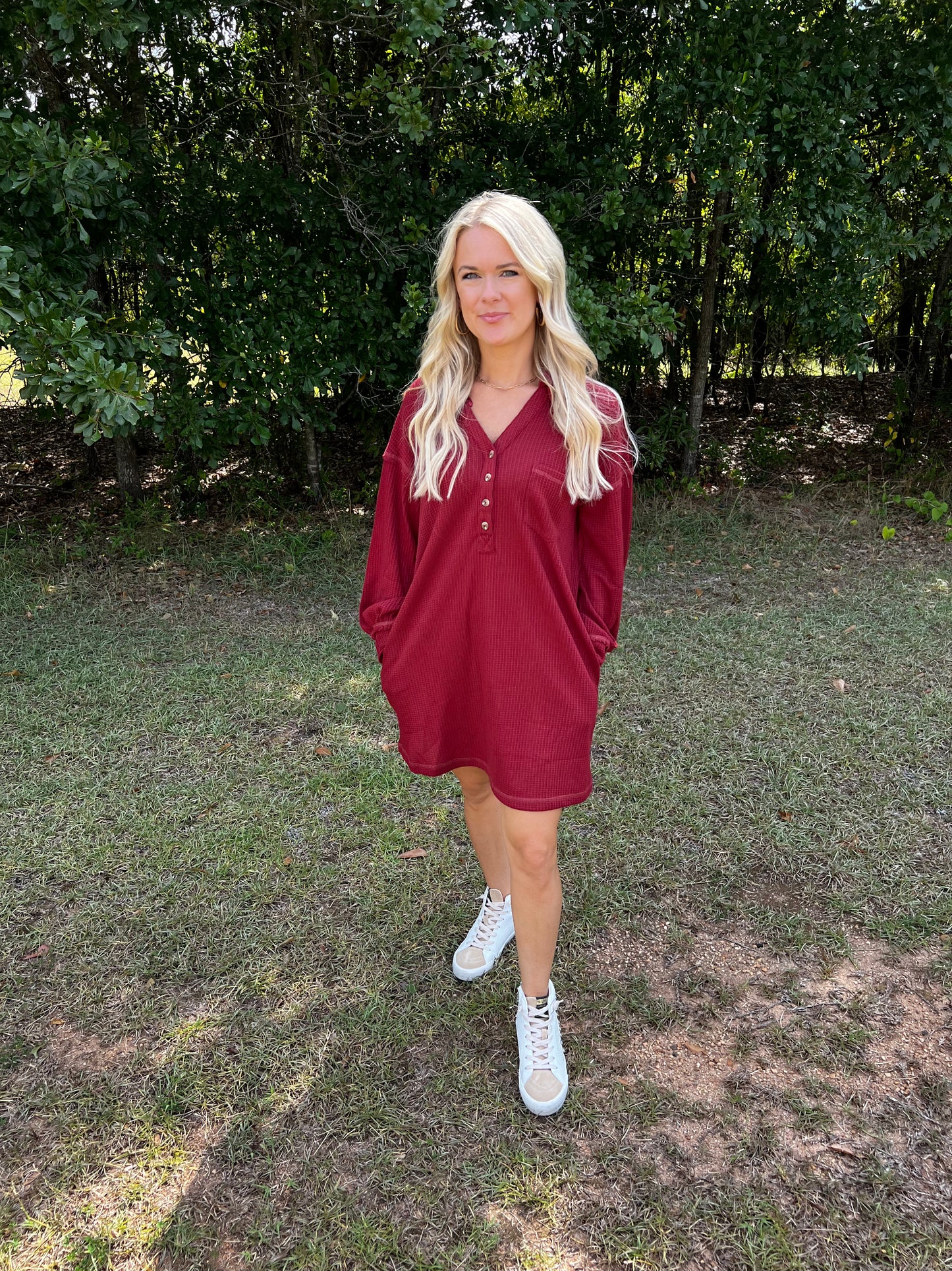 Waffle Shirt Dress in Wine