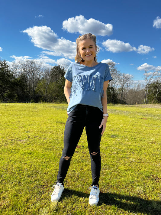 Favorite Fringe Top in Dusty Blue