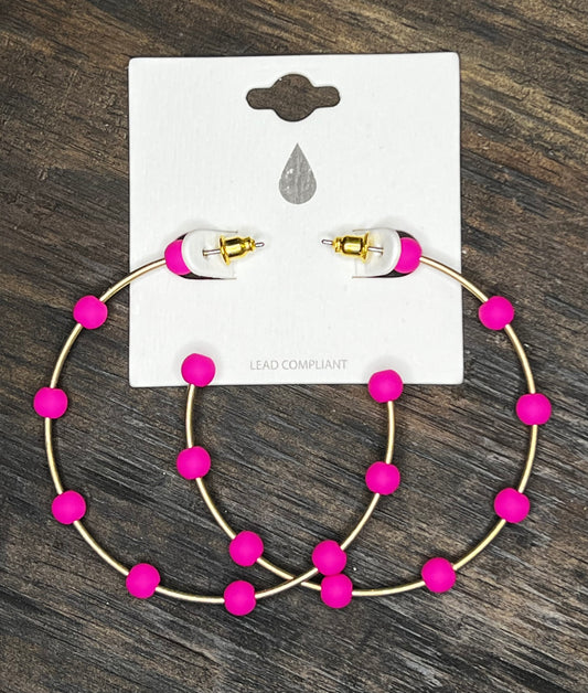 Hot Pink Beaded Hoops