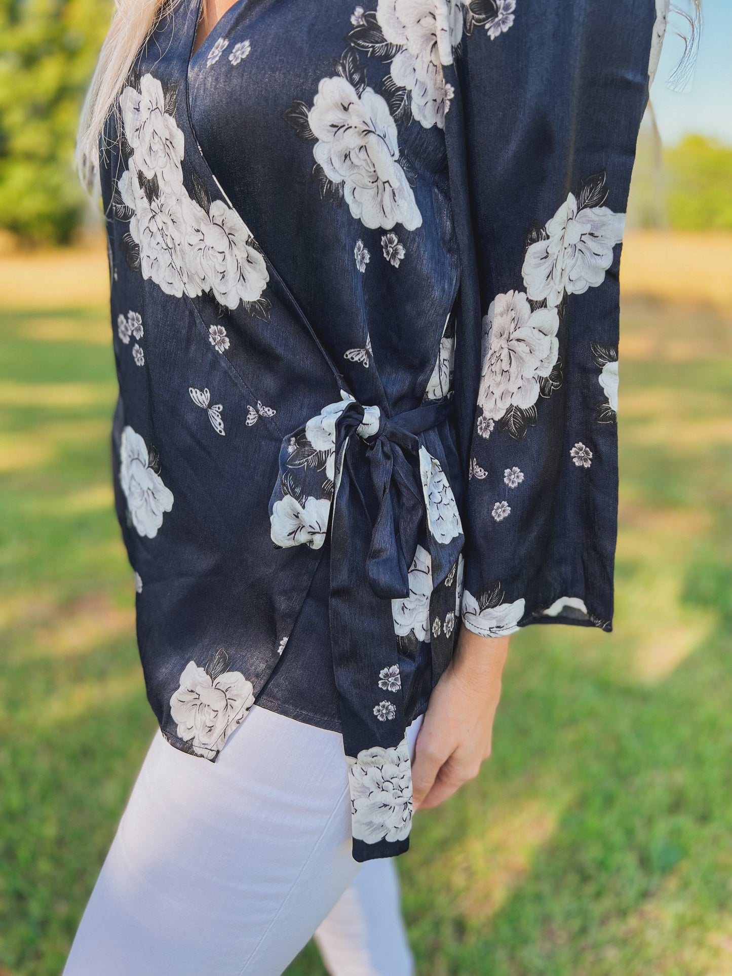 Floral Wrap Top in Navy