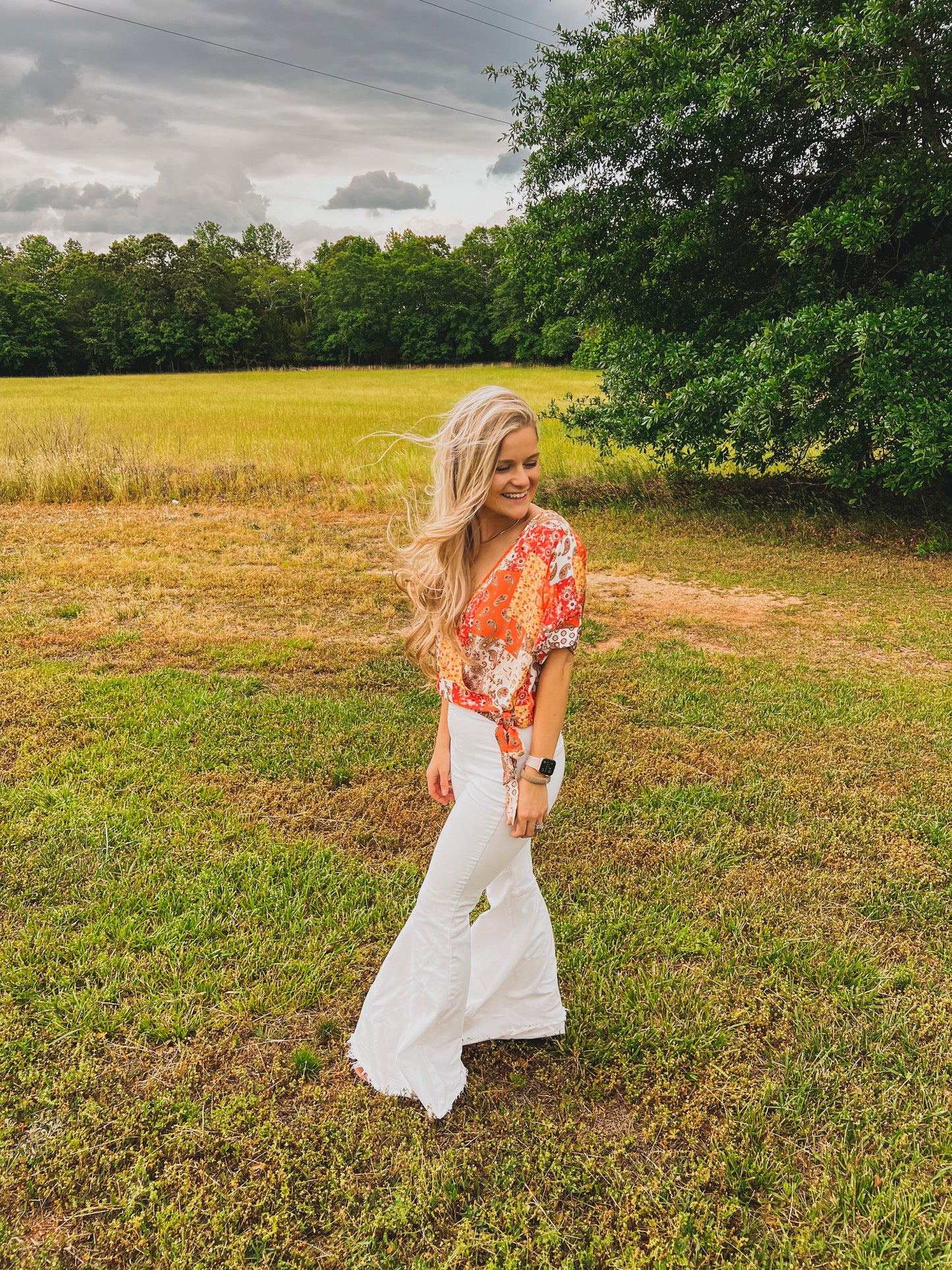 Orange Pattern Mock Wrap Top