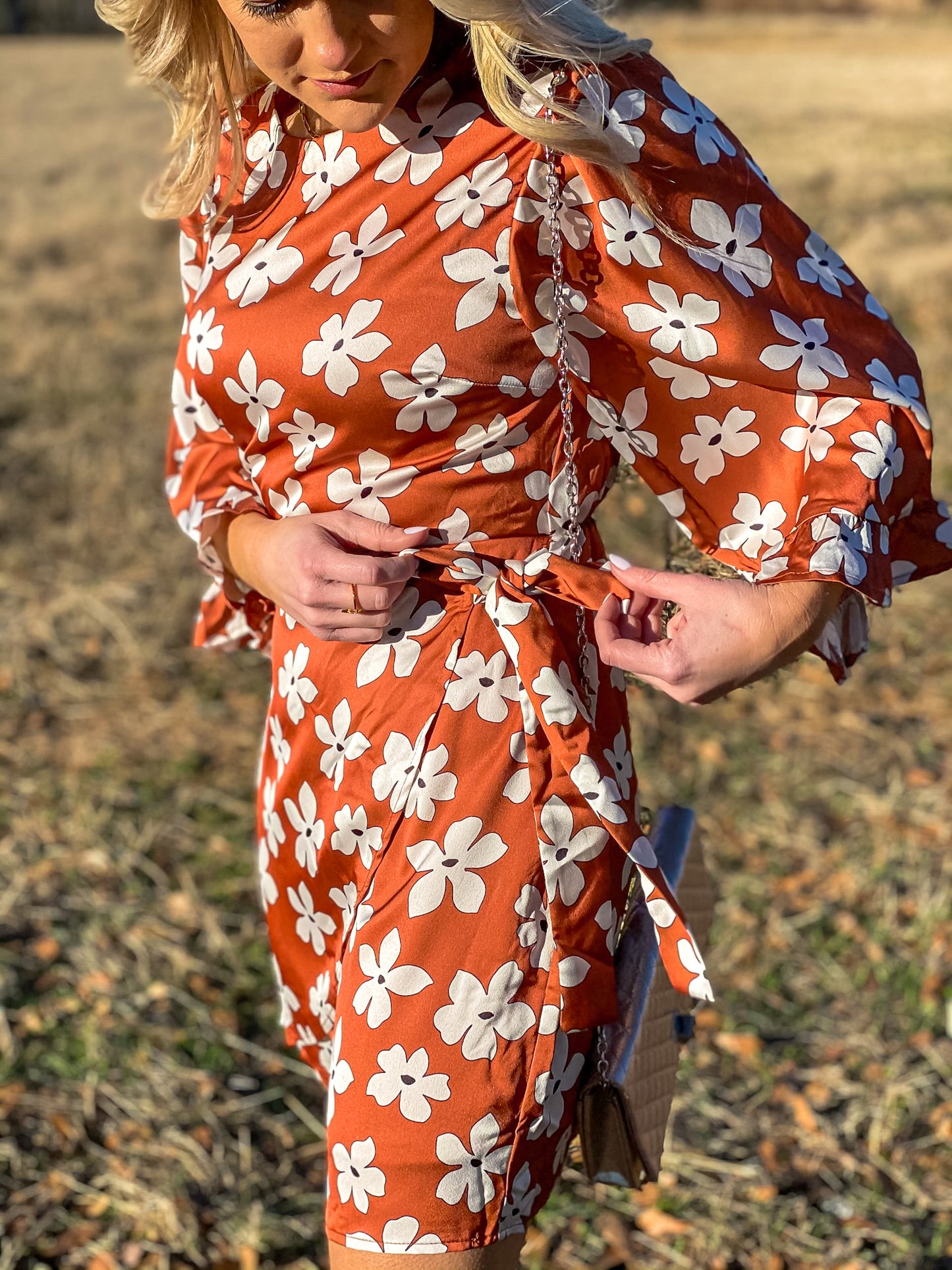 Floral Mock Wrap Dress in Rust