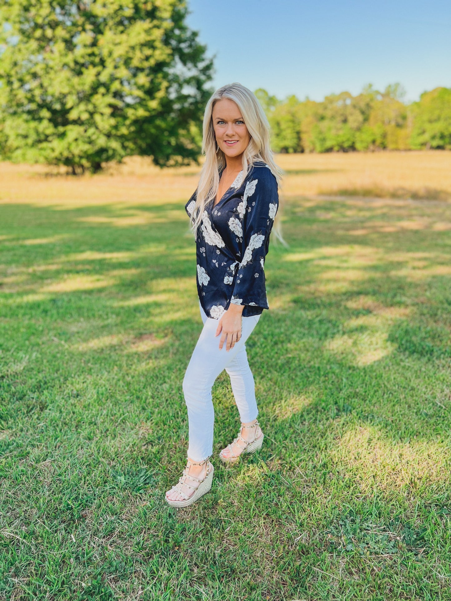 Floral Wrap Top in Navy