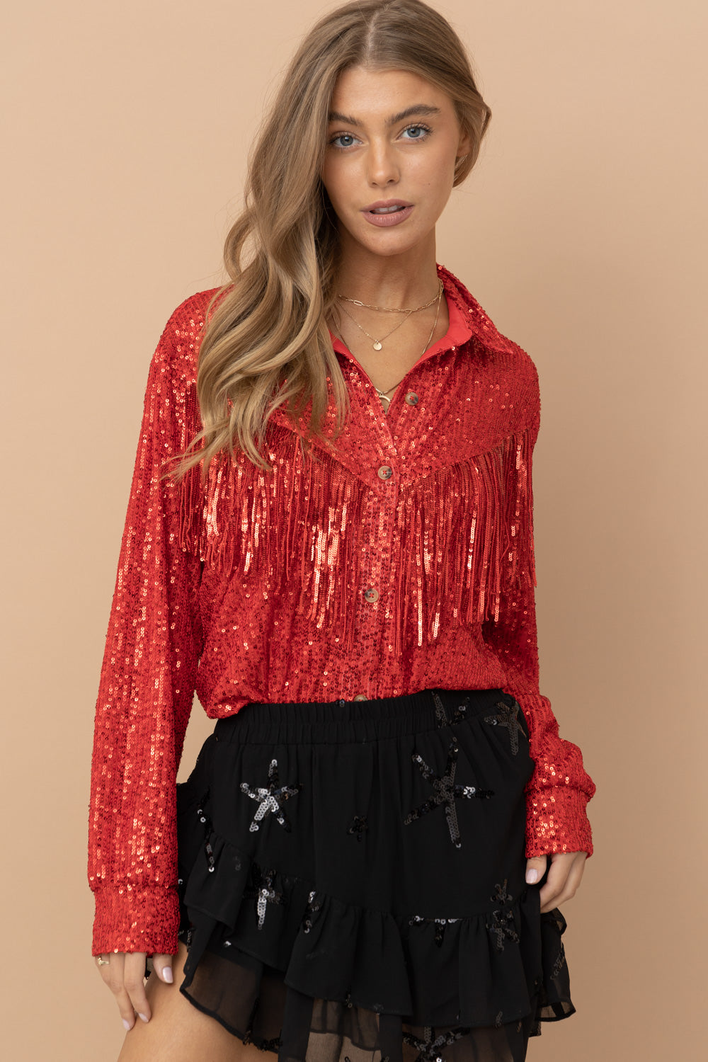 Sequin Fringe Button Down in Red