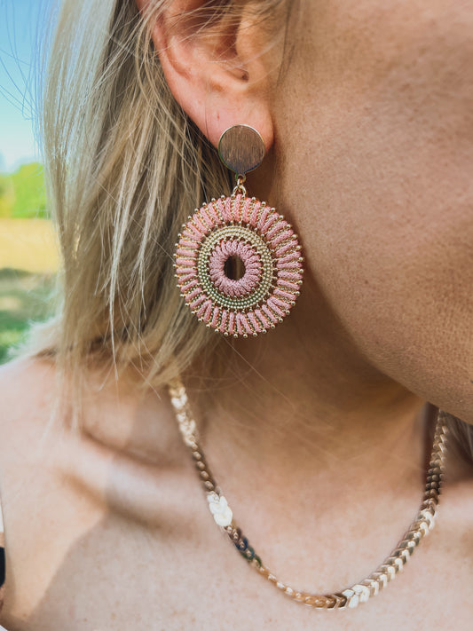 Round Disc Threaded Earrings- Pink