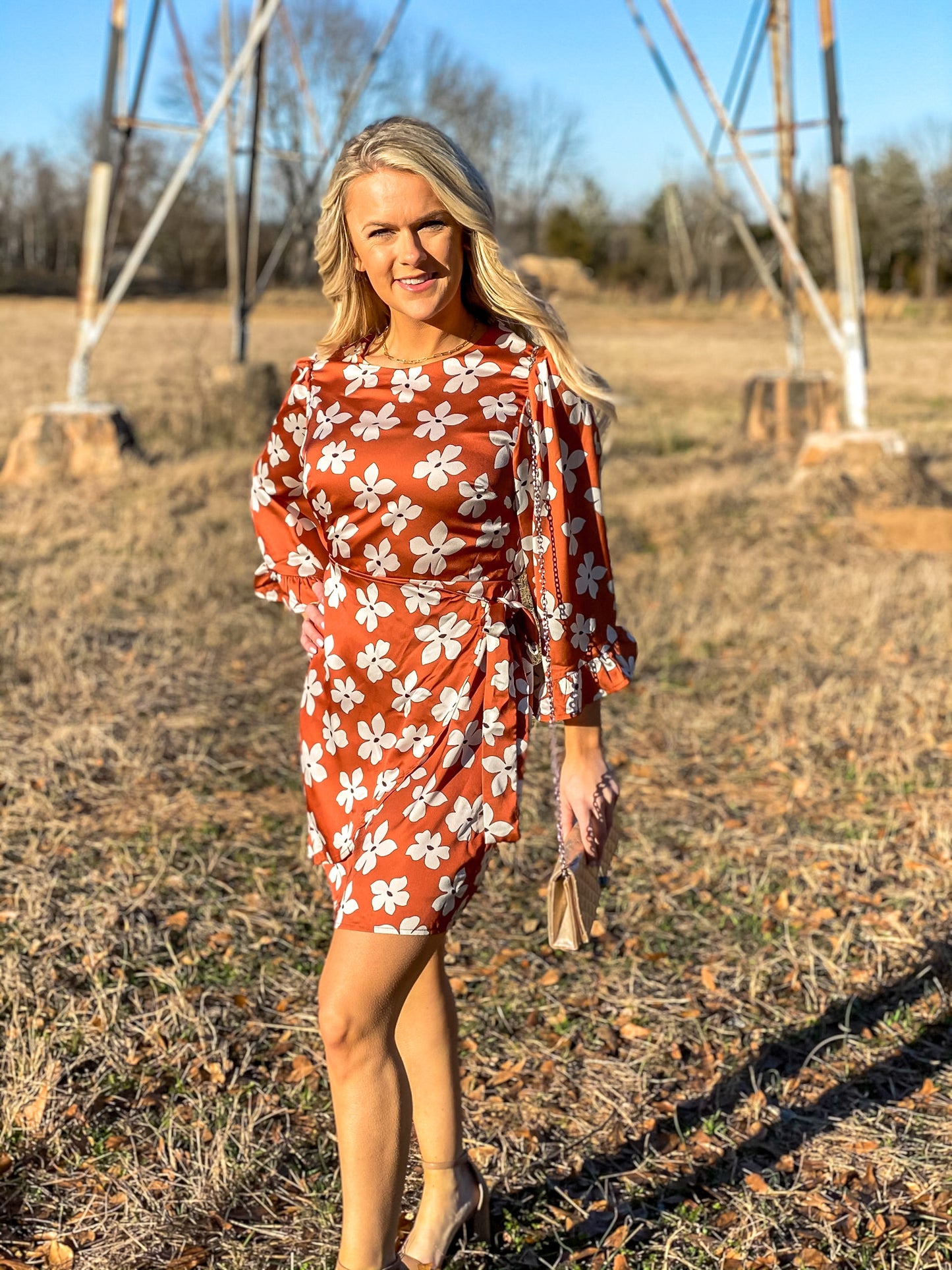 Floral Mock Wrap Dress in Rust