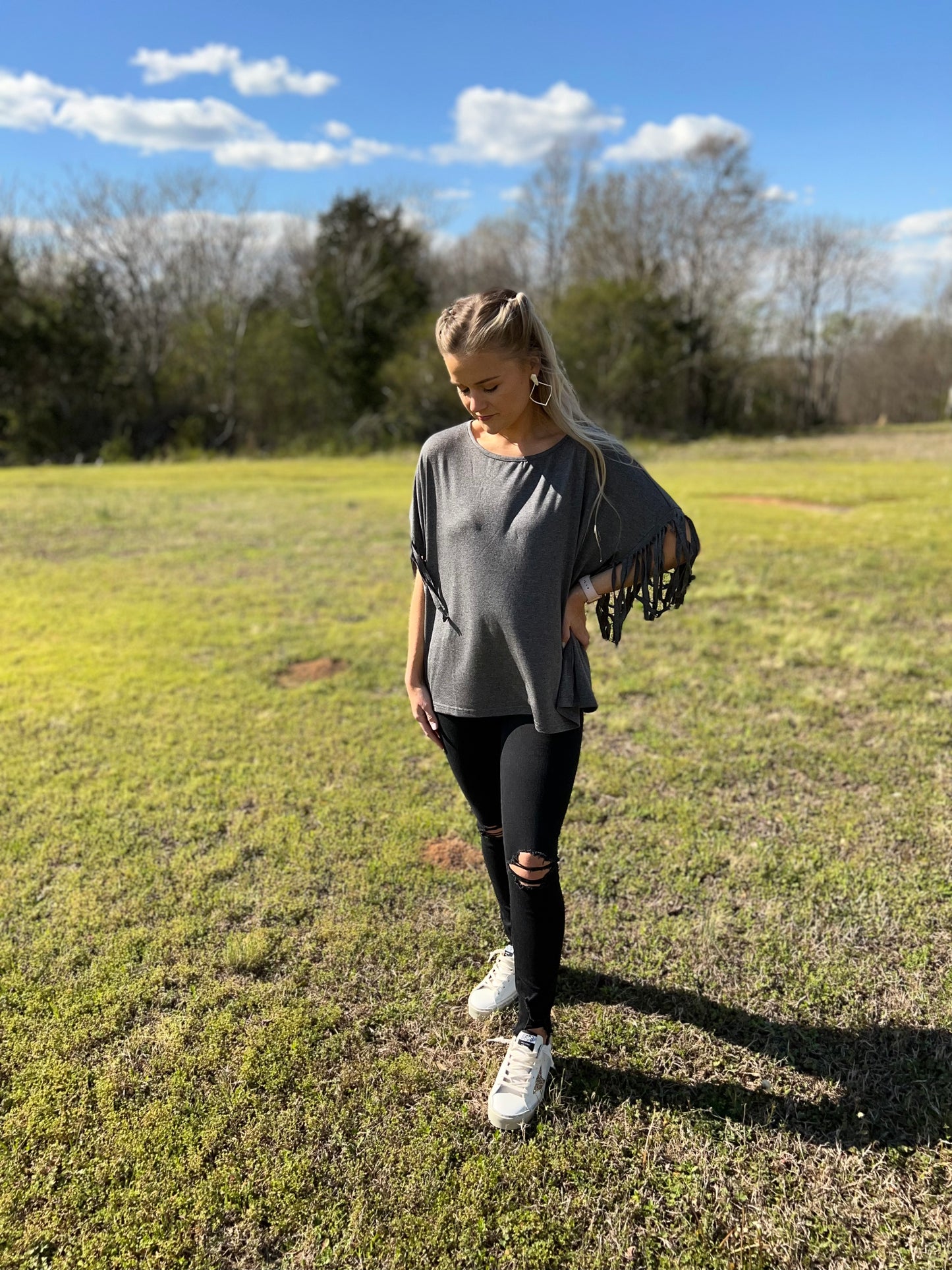 Fringe Sleeve Top in Grey