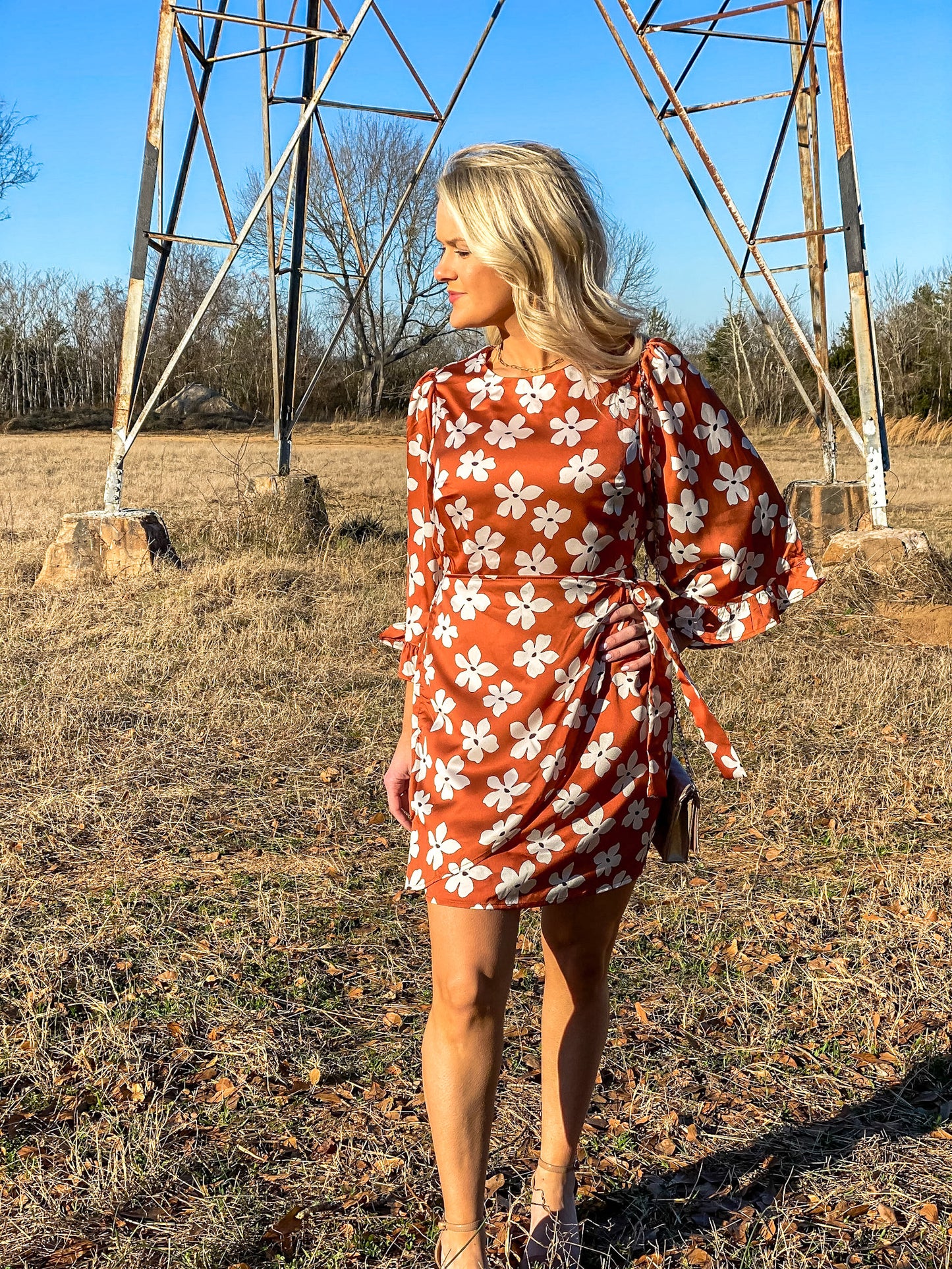 Floral Mock Wrap Dress in Rust