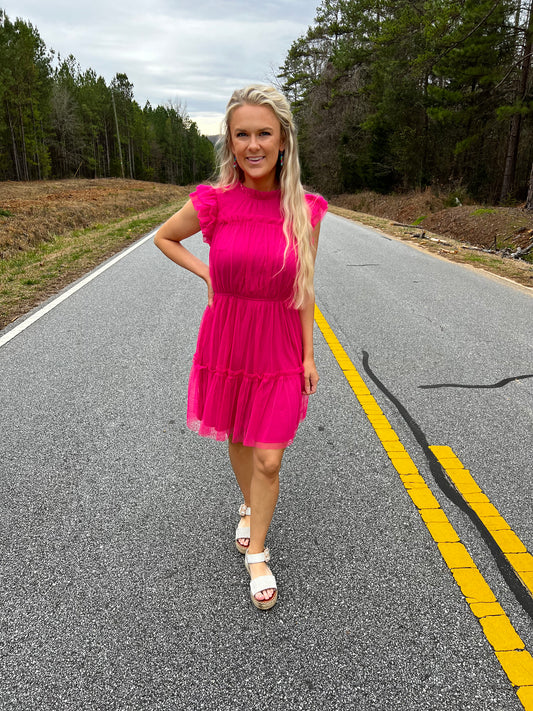 Mesh Mini Dress in Electric Pink