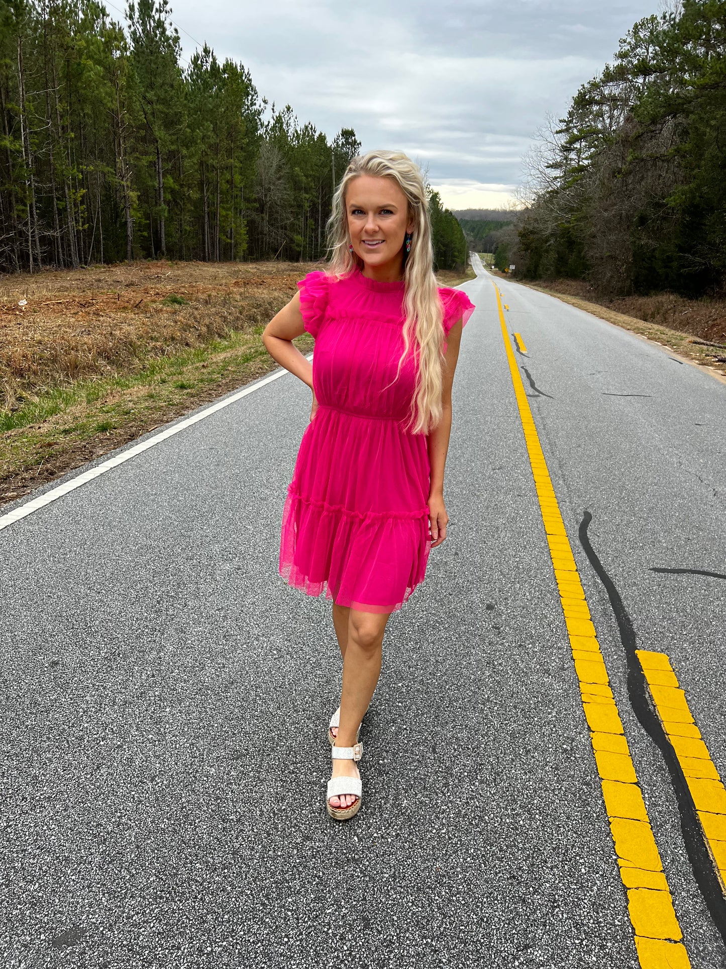 Mesh Mini Dress in Electric Pink