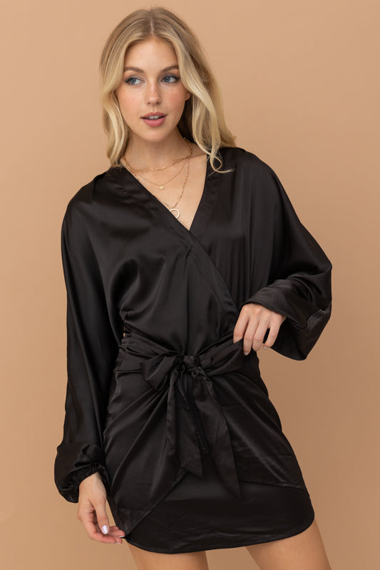 Satin Wrap Mini Dress in Black