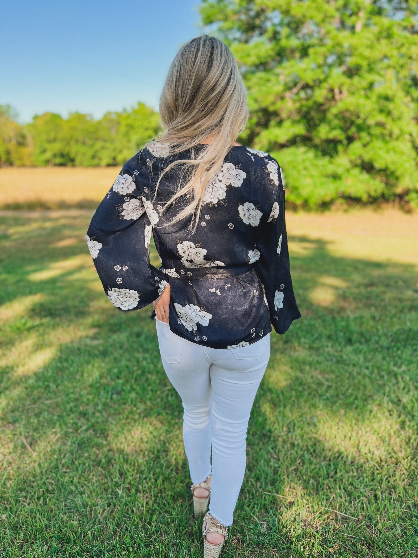 Floral Wrap Top in Navy