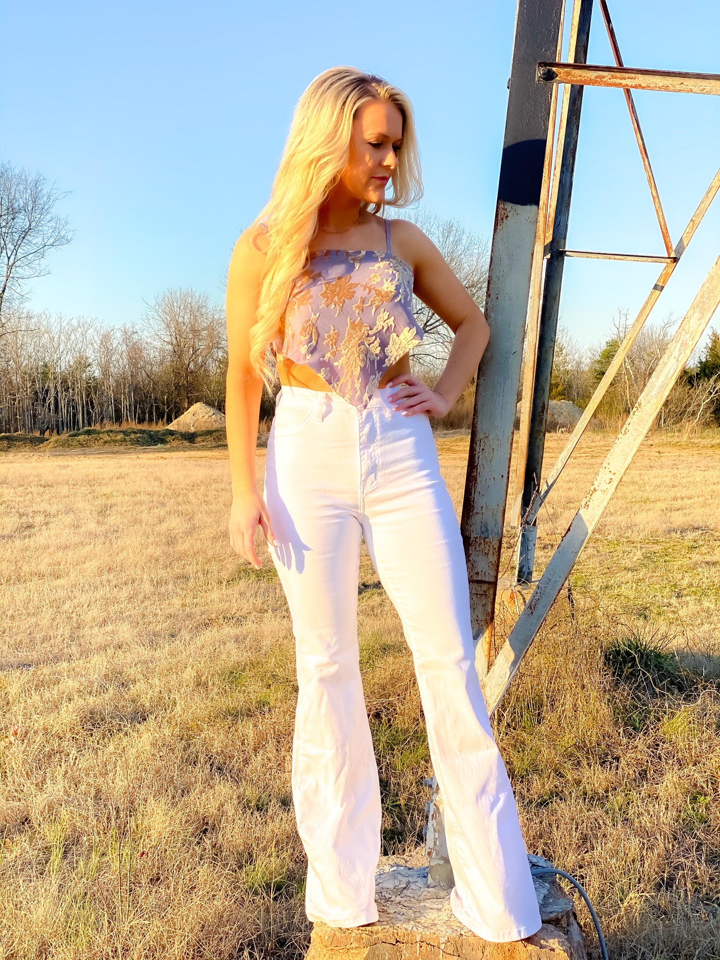 High Rise Denim Flares in White