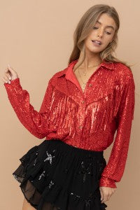 Sequin Fringe Button Down in Red