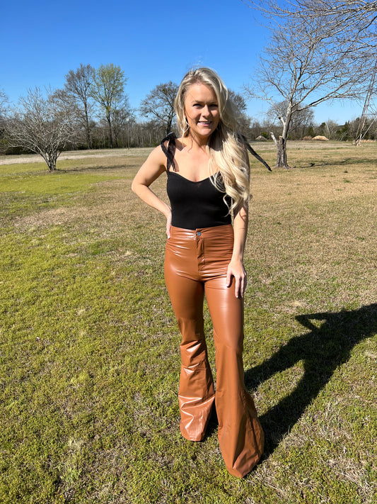 Faux Leather Flare Pants in Camel