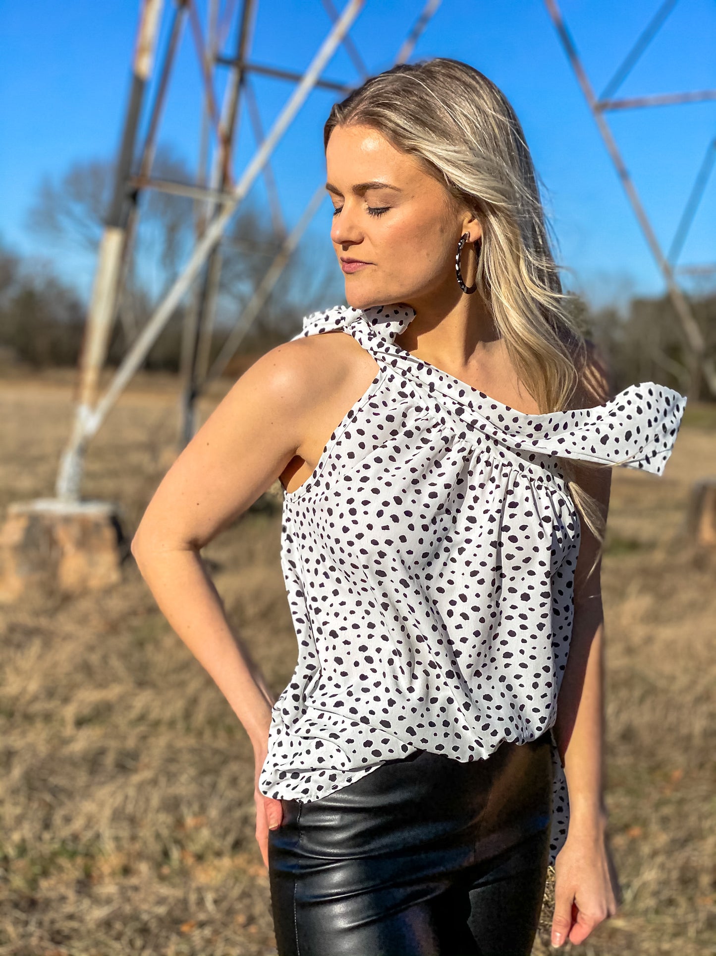 Black & White Shoulder Tie Blouse