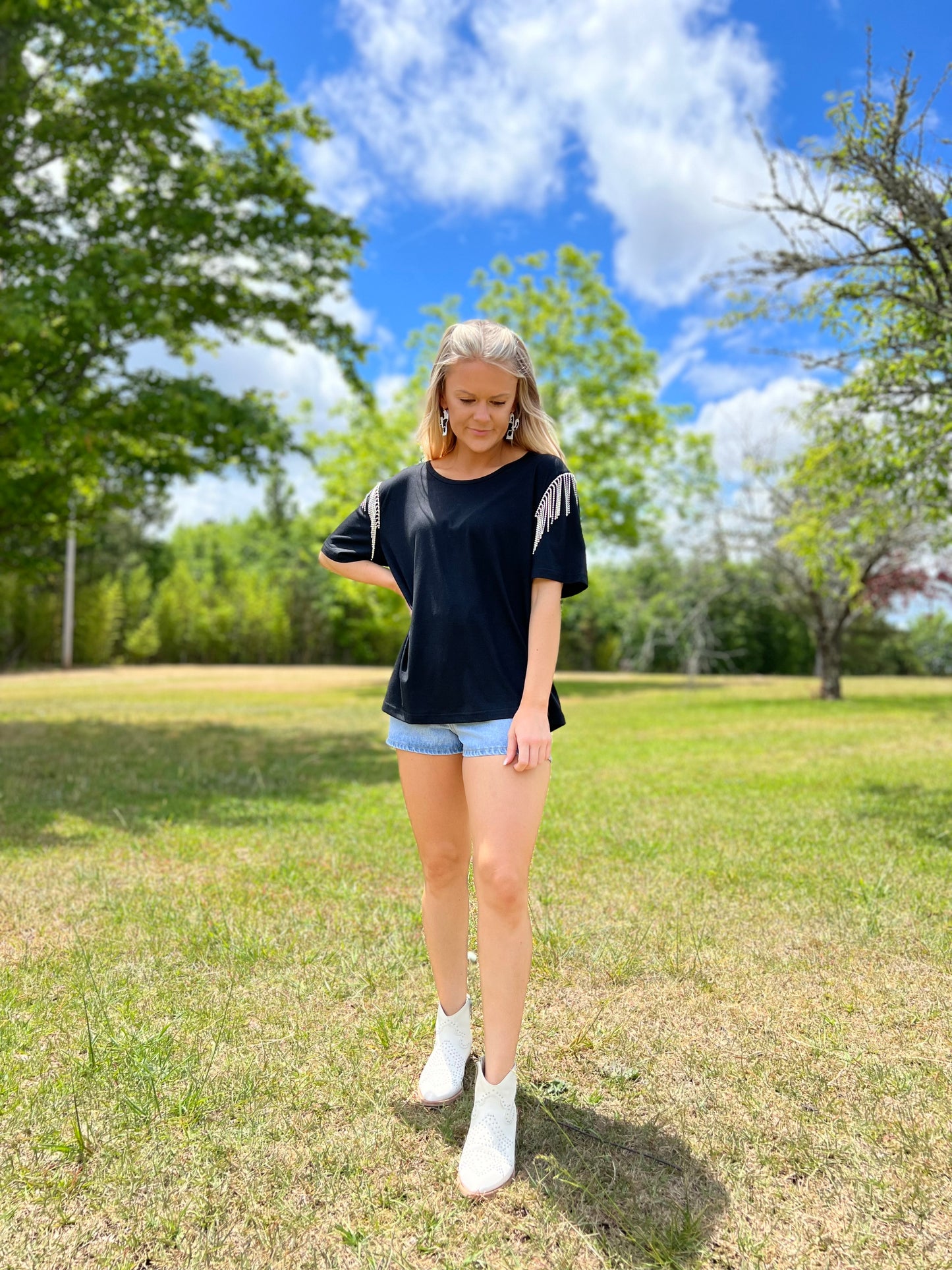 Fringe Rhinestone Top in Black