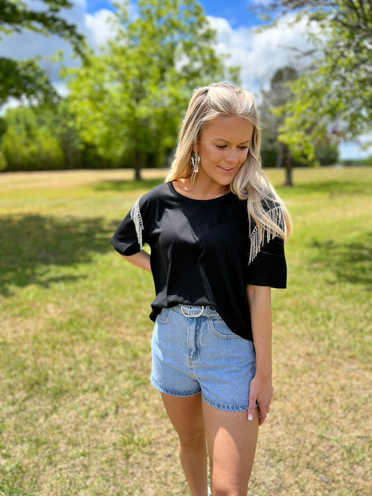 Fringe Rhinestone Top in Black