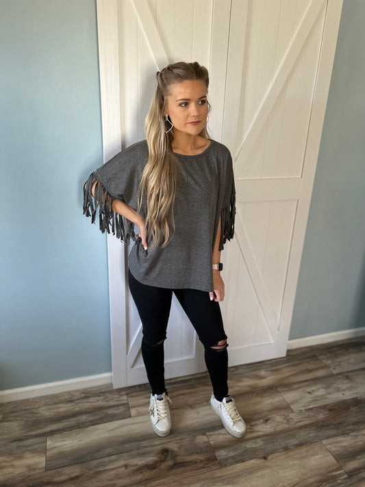 Fringe Sleeve Top in Grey