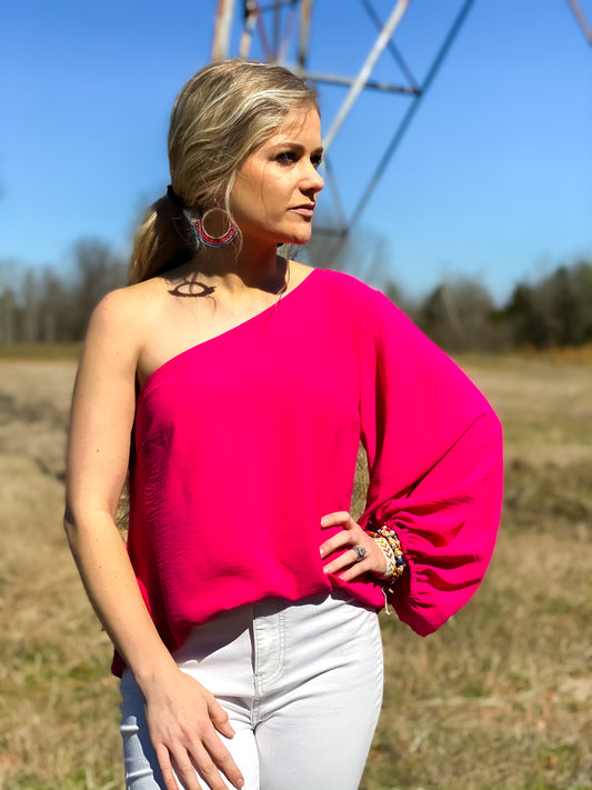 Sassy One Shoulder Top in Hot Pink