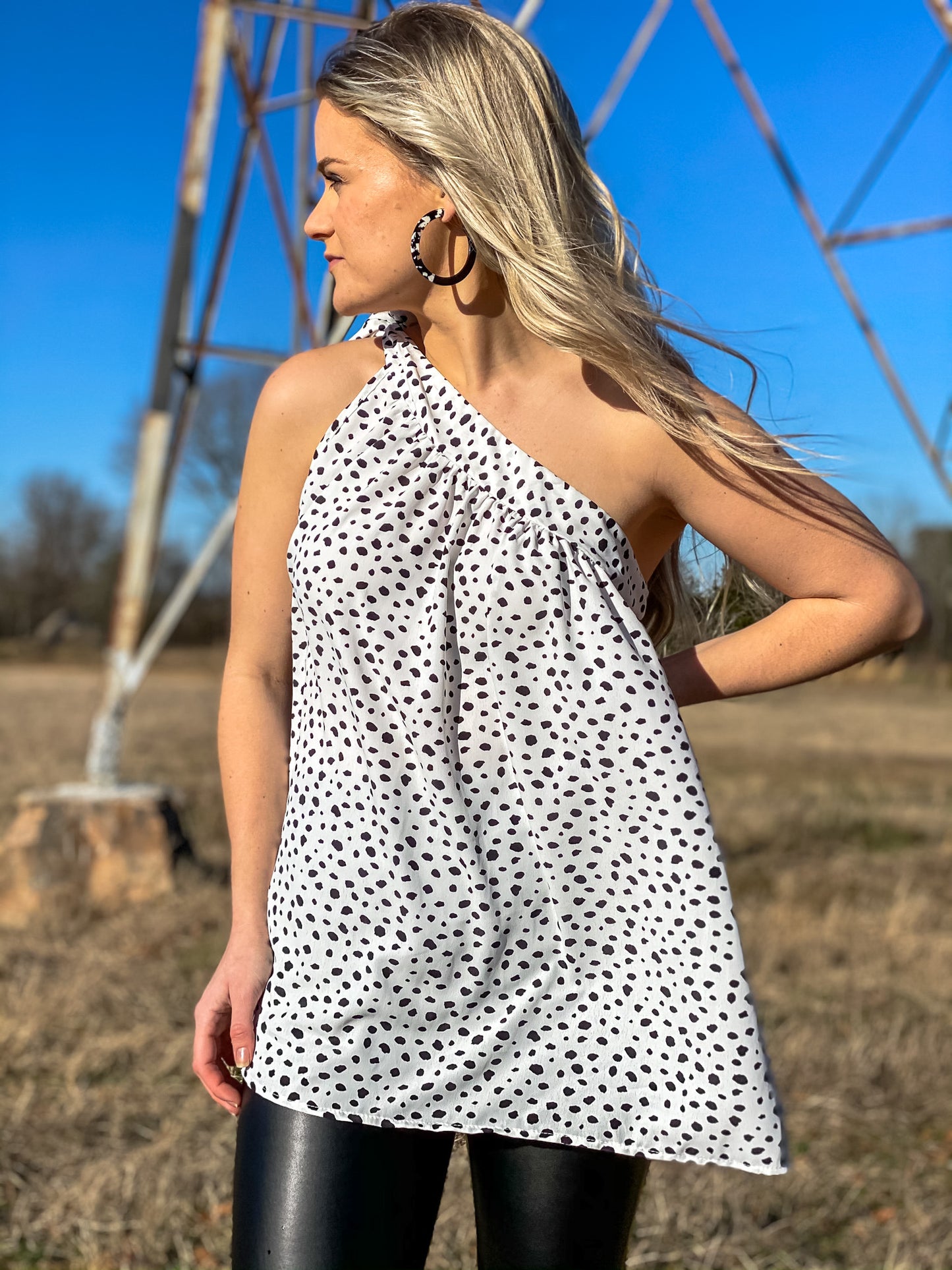 Black & White Shoulder Tie Blouse