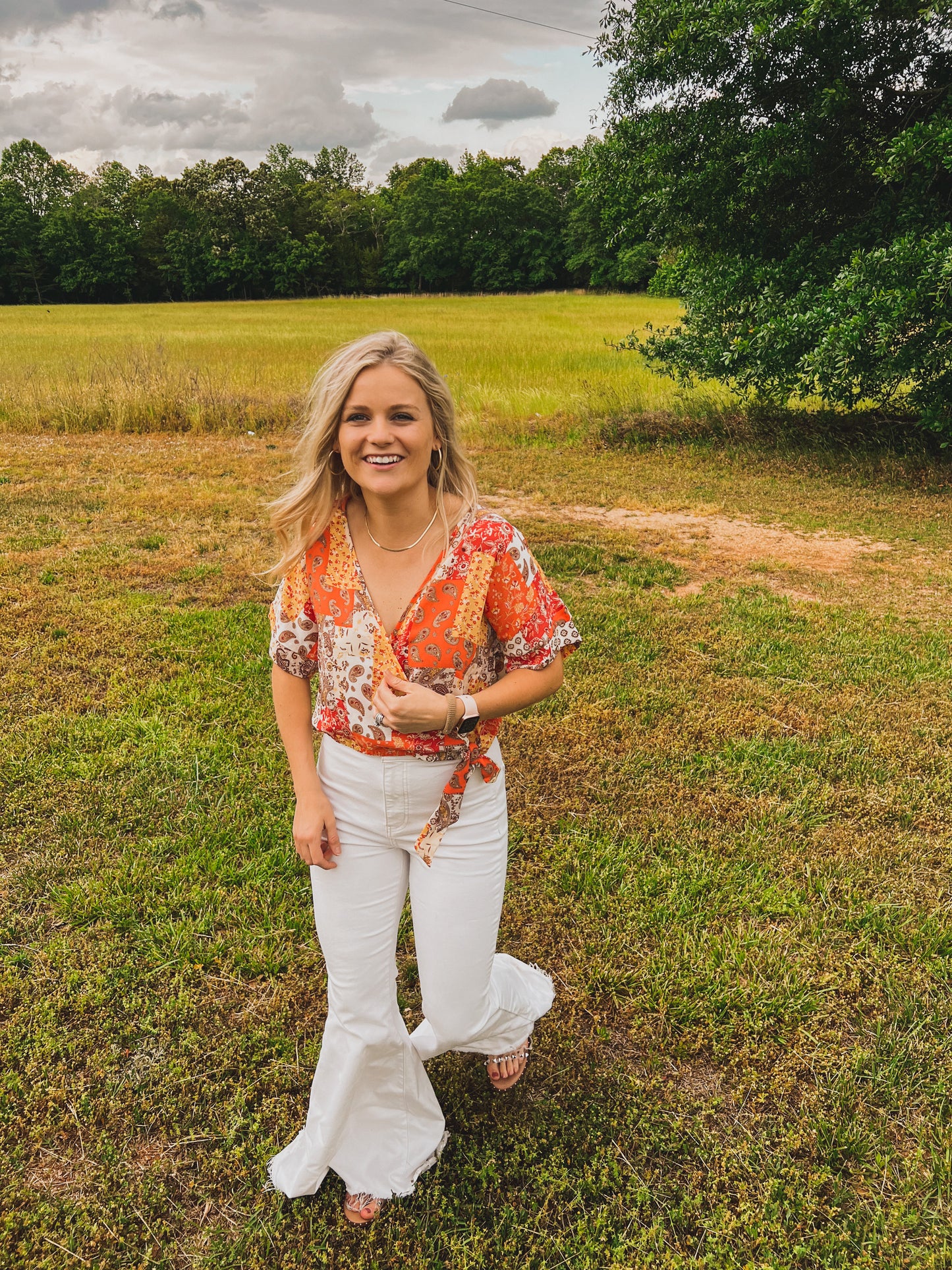 Orange Pattern Mock Wrap Top