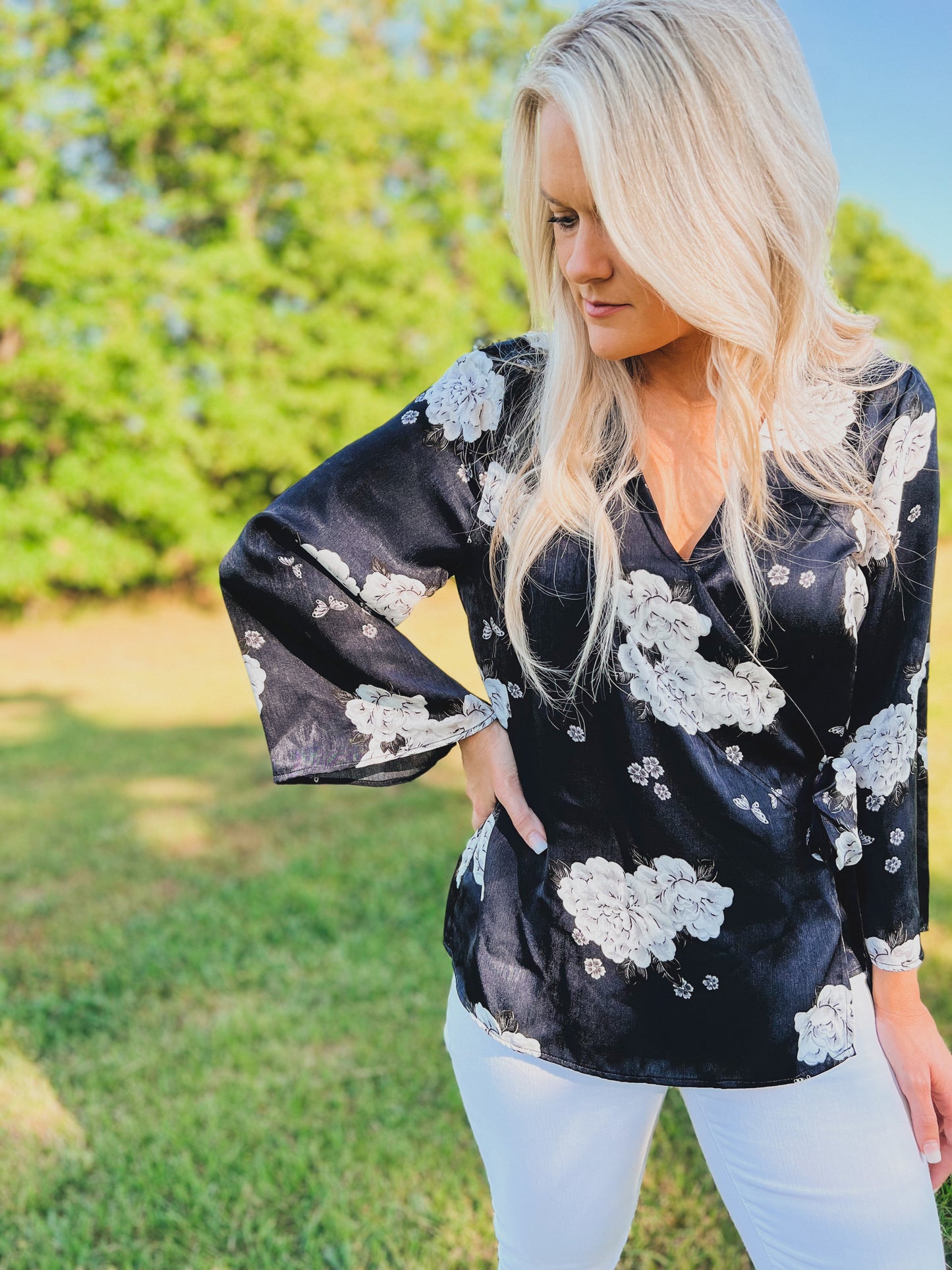 Floral Wrap Top in Navy