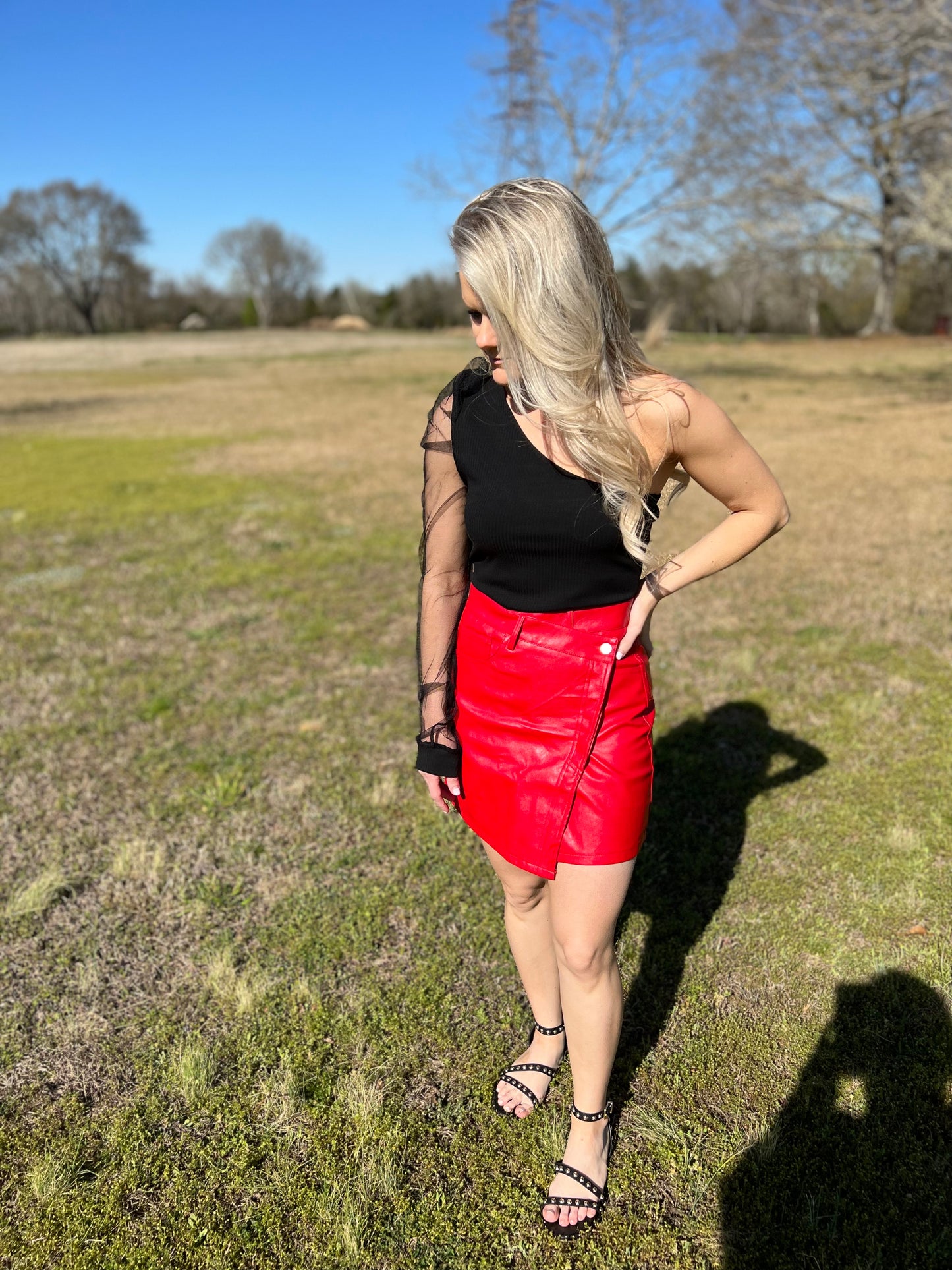 Red Faux Leather Skirt