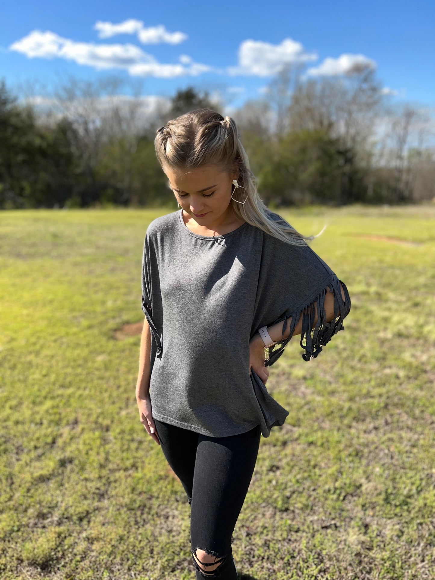 Fringe Sleeve Top in Grey