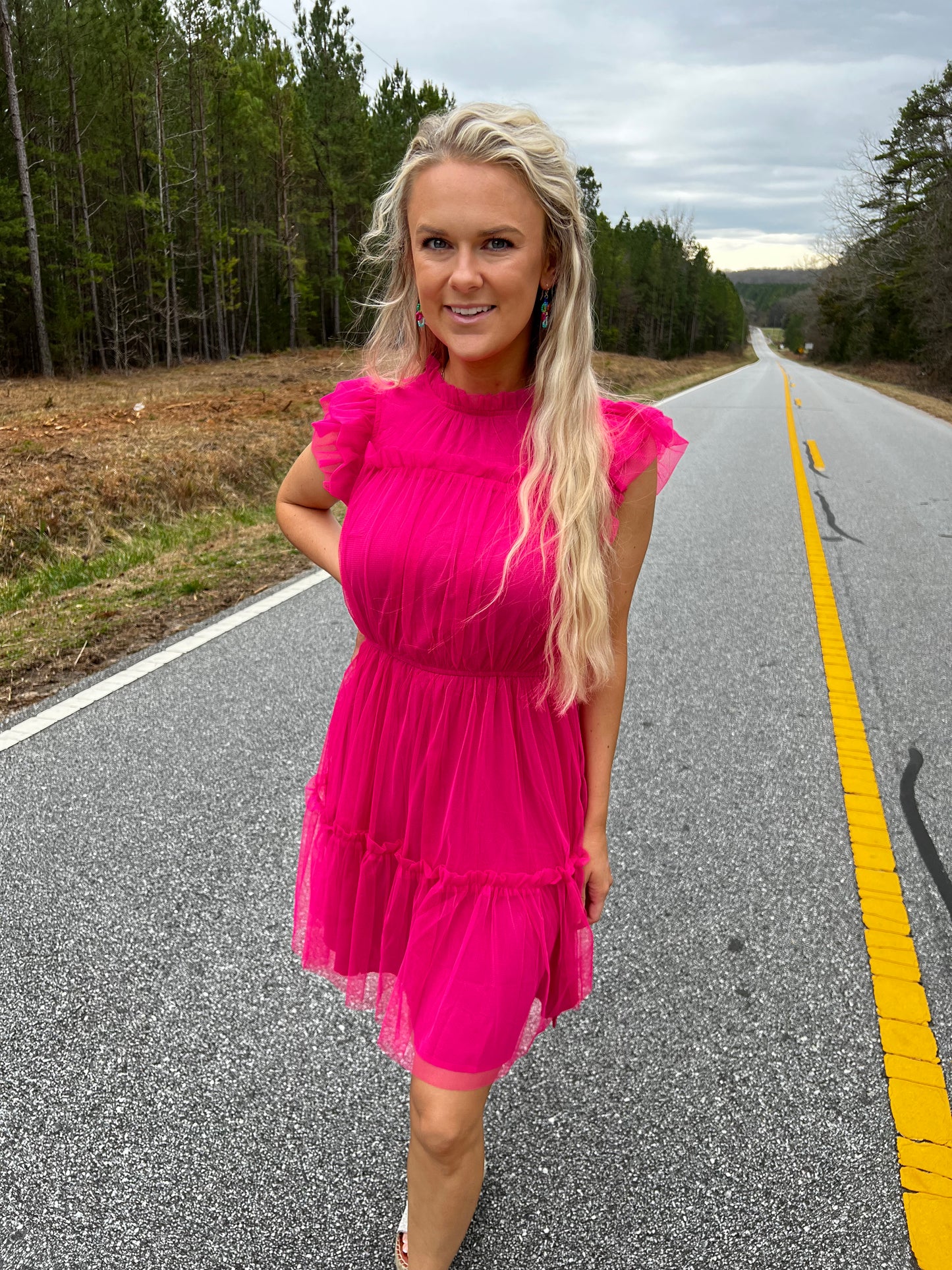 Mesh Mini Dress in Electric Pink