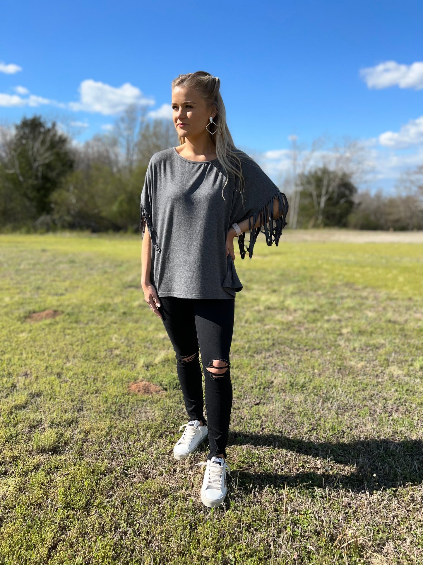 Fringe Sleeve Top in Grey