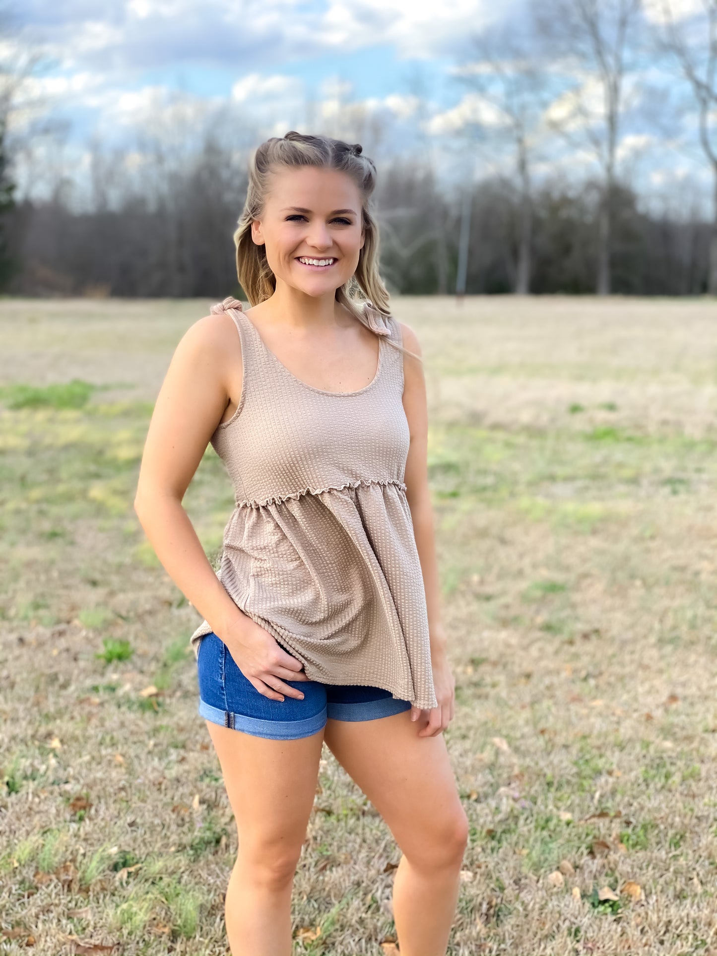 Sweet Babydoll Top in Taupe