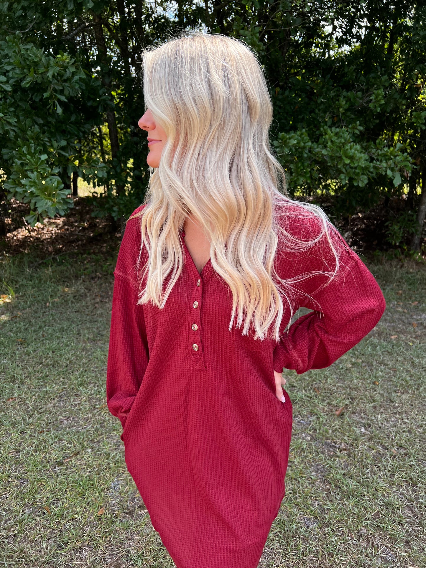 Waffle Shirt Dress in Wine