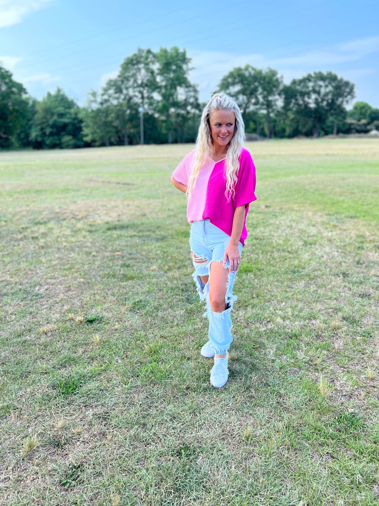 Color Block Blouse in Pink