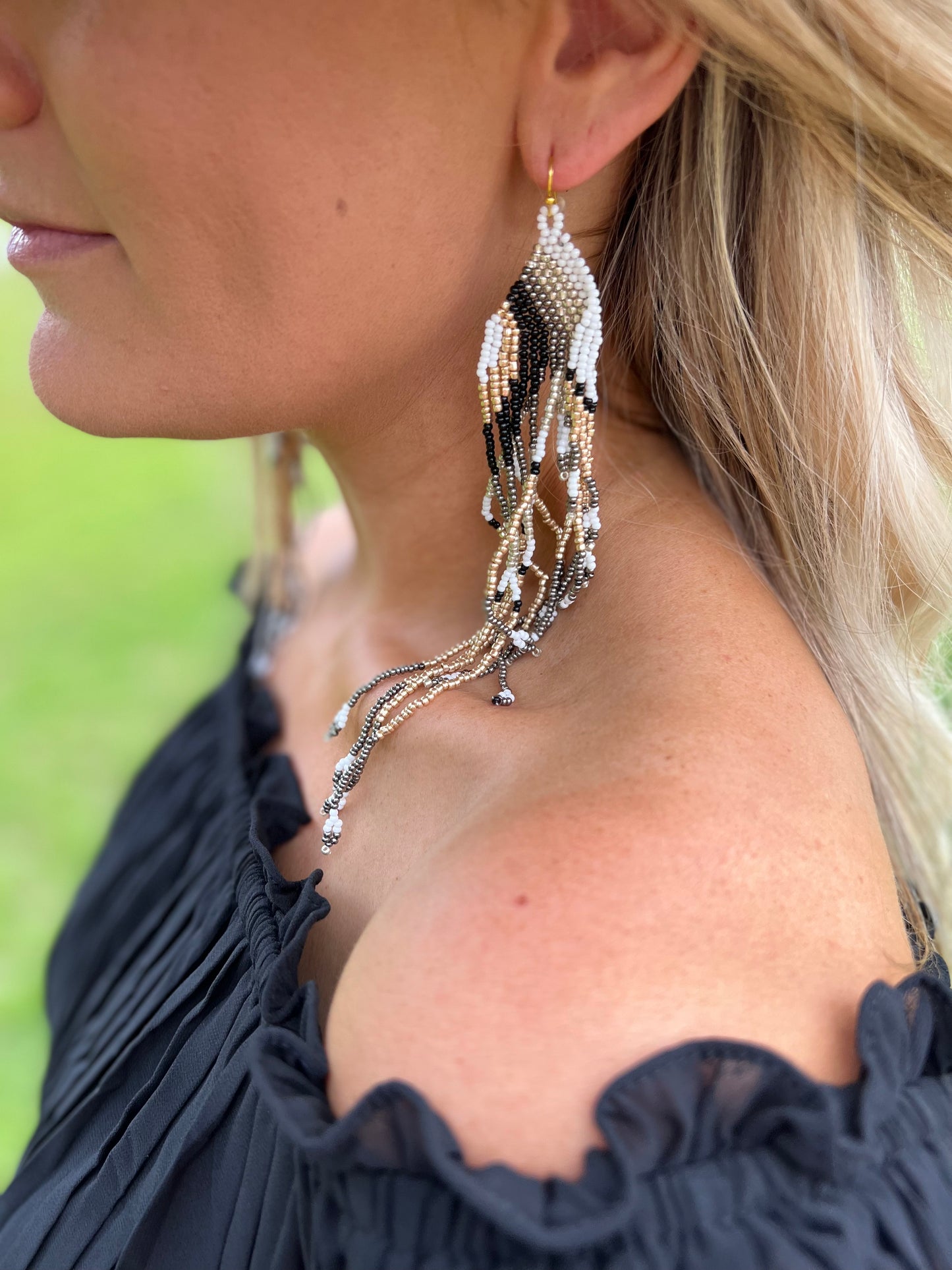 Bead Tassel Earrings In Black